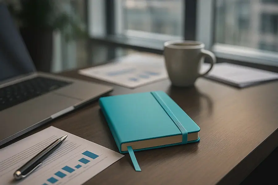 Caderno personalizado sobre mesa com laptop