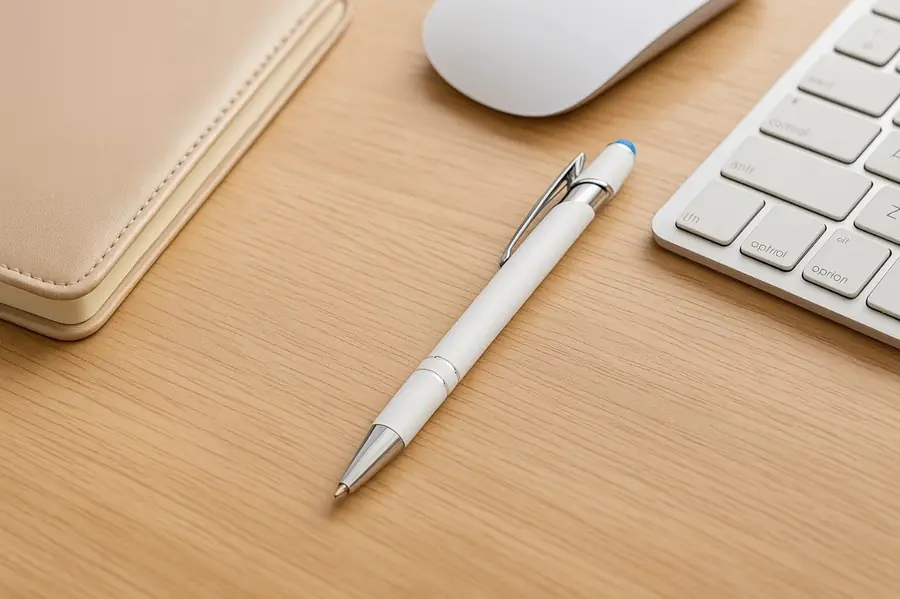 Caneta personalizada sobre mesa de trabalho