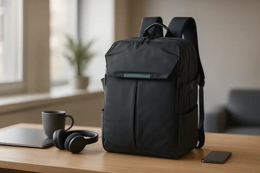 Mochila corporativa preta sobre mesa de trabalho