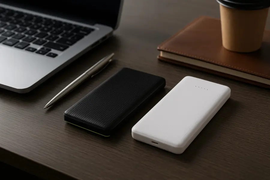 Powerbanks personalizados sobre mesa de escritório