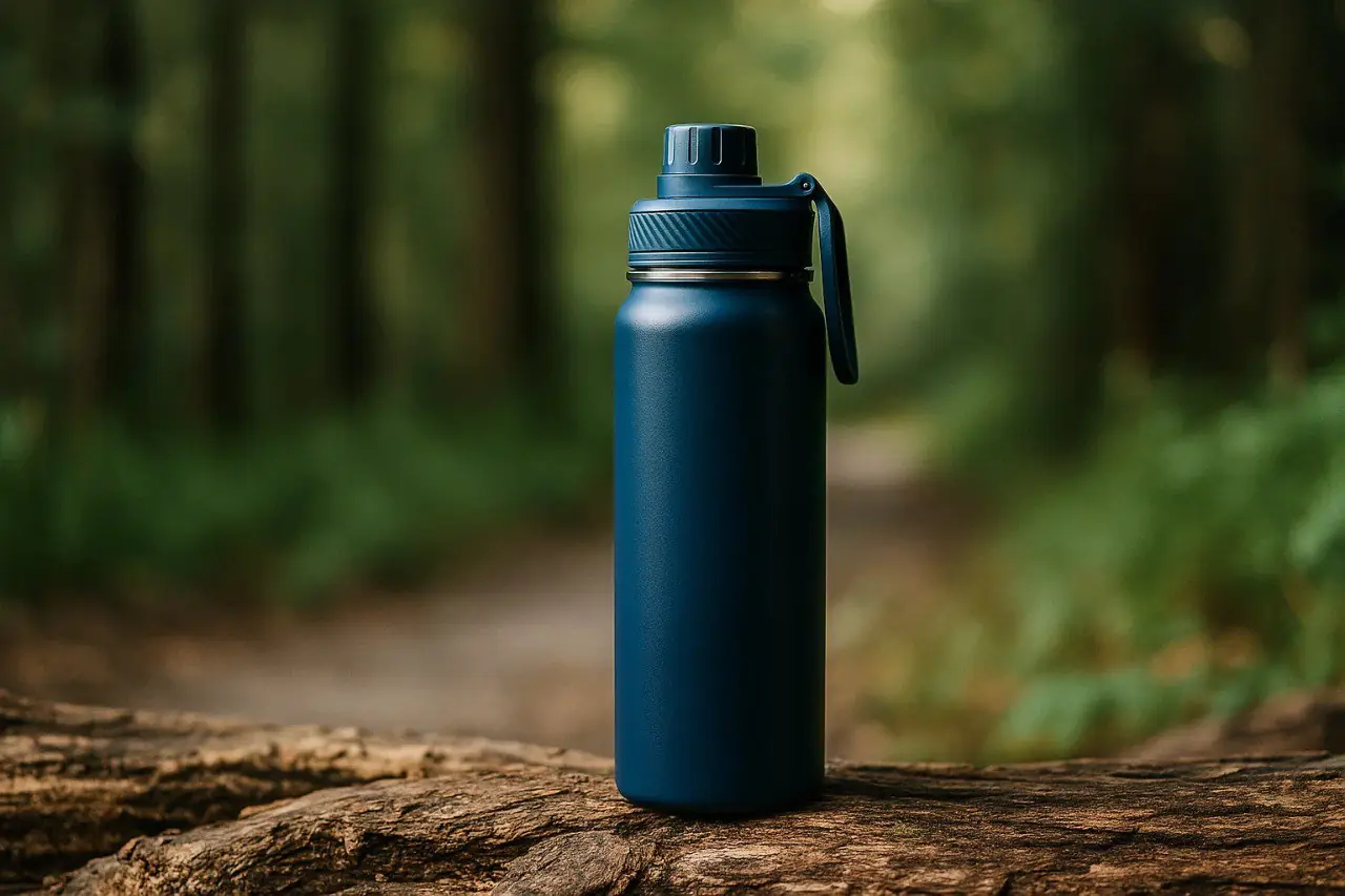 Garrafa térmica azul personalizada em trilha