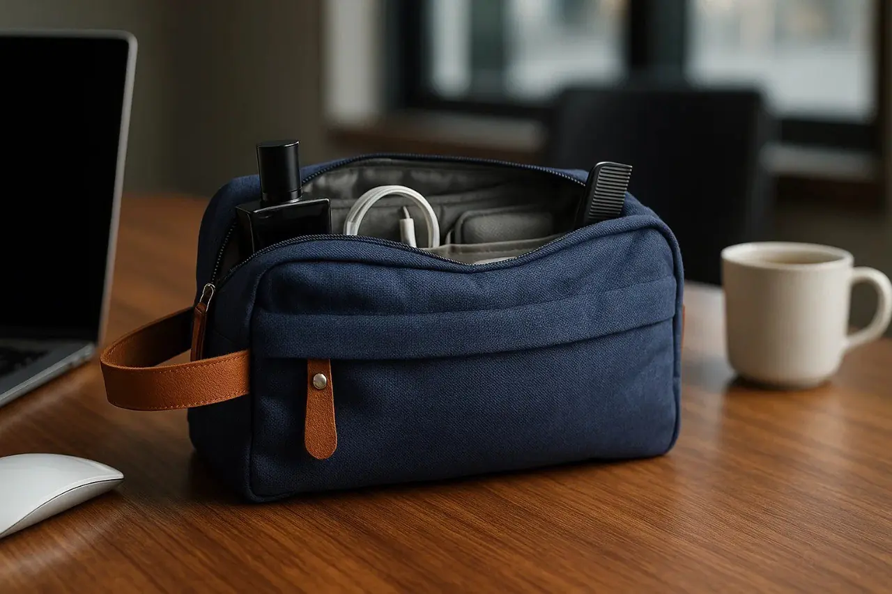 Necessaire corporativa sobre mesa de trabalho